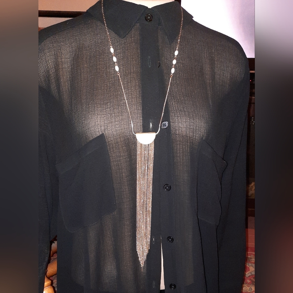 White house black market long mother of pearl look tassel fringe Necklace - Picture 3 of 16
